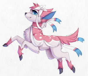 black_hooves black_nose blue_eyes blue_inner_ear eyelashes female feral fur glistening glistening_eyes head_tuft hooves markings pink_body pink_ears pink_fur pink_tail quadruped simple_background solo spots spotted_body spotted_fur tail tuft white_background white_body white_fur white_spots bloominglynx nintendo pokemon deerling eeveelution generation_5_pokemon generation_6_pokemon hybrid pokemon_(species) spring_deerling sylveon 2021 hi_res