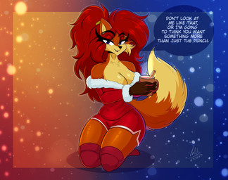 anthro bedroom_eyes big_breasts breasts brown_body brown_fur christmas_clothing clothed clothing container cup curvy_figure eyebrows eyelashes female fingers fluffy fluffy_hair fluffy_tail footwear fur hair holding_object holidays hourglass_figure huge_breasts looking_at_viewer narrowed_eyes open_mouth orange_body orange_fur punch purple_eyes red_hair seductive simple_background smile snow snowflake socks solo speech_bubble tail teeth teeth_showing text thick_thighs topwear voluptuous wide_hips yellow_body yellow_fur manuelangasfox christmas adelma_(alelombardart) canid canine fox mammal red_fox true_fox 2025 absurd_res cel_shading colored digital_drawing_(artwork) digital_media_(artwork) english_text hi_res shaded signature url