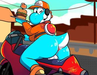 anthro anus backsack balls big_butt biped blue_body blue_scales bottomless bottomless_anthro bottomless_male burger butt clothed clothing electronics employee_uniform food footwear genitals hat headgear headphones headset headwear looking_at_viewer looking_back looking_back_at_viewer male motorcycle one_eye_closed rear_view scales shell shoes short_tail sitting solo tail vehicle wink winking_at_viewer prate-dragon mario_bros mario_kart_world nintendo scalie yoshi hi_res