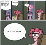 breaking_the_fourth_wall chair female feral fur furniture group hair horn humor multicolored_hair paradox pink_body pink_fur purple_hair square_crossover text two_tone_hair unknown_artist friendship_is_magic hasbro my_little_pony mythology pinkie_pie_(mlp) twilight_sparkle_(mlp) earth_pony equid equine horse mammal mythological_creature mythological_equine pony unicorn comic digital_media_(artwork) english_text meme