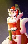 anthro armwear belt bottomwear breasts cape chin_piercing christmas_clothing christmas_headwear cleavage clothed clothing costume elbow_gloves facial_piercing female fur gloves hair half-closed_eyes handwear hat headgear headwear holding_mistletoe holding_object holding_sack holidays looking_at_viewer mistletoe narrowed_eyes navel navel_piercing nose_piercing nose_ring piercing plant raised_tail ring_piercing santa_costume santa_hat shorts smile smiling_at_viewer solo tail topwear jimfoxx christmas bubblegum_(jimfoxx) canid canine fox mammal 2016 hi_res