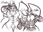 abs anthro biceps clothing duo hand_on_hip hat headgear headwear looking_ahead male male/male muscular muscular_anthro muscular_male nipple_outline nipples overalls pecs scratching_head simple_background smile smirk suit tail thick_tail thick_thighs top_hat white_background dalemdaury622 nintendo pokemon eddie_(daviddarient203) mauler_(daviddarient203) dewott generation_4_pokemon generation_5_pokemon lucario mammal mustelid pokemon_(species) hi_res watermark