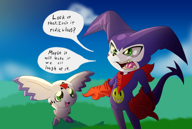 anthro clothing duo gesture gloves green_eyes hand_gesture handwear kerchief male multicolored_body pointing pointing_at_another purple_body purple_skin red_clothing red_gloves red_handwear red_kerchief spade_tail speech_bubble tail two_tone_body waving white_body white_skin alcoholictails bandai_namco digimon calumon digimon_(species) impmon absurd_res hi_res meme