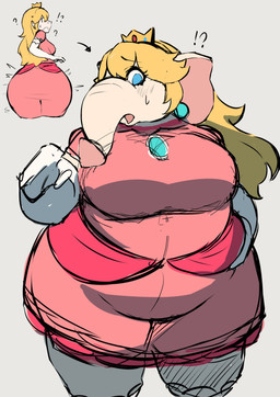 after_transformation anthro belly big_butt blonde_hair blue_eyes blush bodily_fluids breasts butt elephant_toes exclamation_point female grey_body grey_skin hair holding_belly holding_waist human_to_anthro interrobang open_mouth overweight pink_dress_shirt proboscis_(anatomy) question_mark solo species_transformation sweat sweatdrop transformation trunk_(anatomy) weight_gain white_body white_skin wide_hips neko_kaminari80 mario_bros nintendo super_mario_bros_wonder elephant_peach princess_peach elephant elephantid human mammal proboscidean absurd_res hi_res