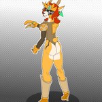 anthro armor armor_legs bare_legs black_markings black_visor breasts brown_clothing brown_eyes brown_hair brown_leotard butt butt_focus claw_weapons clothing ear_piercing ear_ring expressive female footwear fur gauntlets gloves hair handwear high_heels horn leotard markings piercing ring_piercing shoes shoulder_guards small_breasts smile smiling_at_viewer solo tan_body tan_fur text two_color_fur visor_helmet yellow_body yellow_clothing yellow_fur yellow_gloves yellow_handwear lyonley glitter_(kadath) antelope bovid mammal