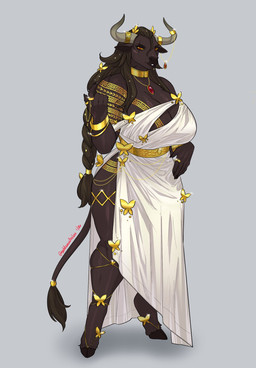 accessory anthro beckoning big_breasts bracelet braided_hair breasts brown_body brown_fur brown_hair chain clothed clothed_anthro clothed_female clothing collar eye_scar eyelashes eyeshadow facial_scar female fingernails fur furgonomics gem gesture gold_(metal) gold_collar golden_markings greek_clothing hair hair_accessory hair_ring hooves horn horn_jewelry horn_ring huge_breasts jewelry laurel_wreath looking_at_viewer makeup meander metal_collar nails pendant red_eyes ring ring_(jewelry) ruby_(gem) scar solo sparkles sparkling_hair squish tail tail_accessory tail_jewelry tail_ring thigh_ring thigh_squish toga white_clothing yellow_sclera goddamnitrobin arthropod bovid bovine butterfly cattle insect lepidopteran mammal 2026 digital_drawing_(artwork) digital_media_(artwork) hi_res shaded signature