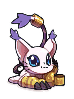 ambiguous_gender anthro black_nose blue_eyes claws fur logo looking_at_viewer multicolored_tail ring simple_background solo tail whiskers white_background white_body white_fur sunsnak bandai_namco digimon digimon_(species) gatomon 2024 3:4 artist_logo hi_res