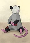 ambiguous_gender black_ears countershading eyes_closed feet flannel happy patch_(fabric) pink_feet pink_hands pink_nose plaid plushie seam_(sewing) sitting smile solo stitch_(sewing) haika american_opossum mammal marsupial virginia_opossum hi_res