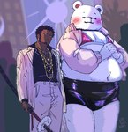 anthro belly bikini bikini_top blush bottomwear bulge clothed clothing crossdressing duo fur jewelry male male/male melee_weapon necklace overweight shorts size_difference swimwear sword two-piece_swimsuit weapon white_body white_fur nekokat42 one_piece bepo_(one_piece) trafalgar_law bear human mammal polar_bear ursine