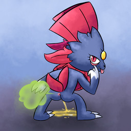 ambiguous_gender anthro black_nose bodily_fluids butt cute_fangs eyelid_pull eyelid_pull_taunt fangs fart fart_cloud fur genital_fluids gesture green_fart_cloud leaning leaning_forward looking_at_viewer looking_back looking_back_at_viewer mooning peeing peeing_on_ground rear_view red_eyes red_tail solo tail taunting teeth tongue tongue_out urine urine_on_ground urine_pool urine_stream white_body white_fur suplosers nintendo pokemon generation_4_pokemon pokemon_(species) weavile 1:1 2023 hi_res