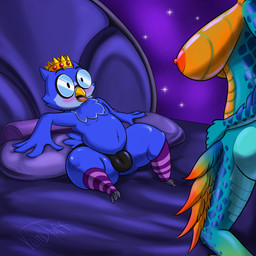anthro bed belly big_breasts big_butt blue_body blue_feathers blush breasts bulge butt clothing crown duo eyewear faceless_anthro faceless_character faceless_female feathers female furniture genitals glasses headgear imminent_sex larger_female male male/female nipples non-mammal_breasts non-mammal_nipples nude nude_anthro nude_female open_mouth orange_nipples penis scales shy size_difference slightly_chubby smaller_male thick_thighs thong underwear wide_hips voidstaff kings_of_hell stolas_(kings_of_hell) avian bird owl reptile scalie 1:1 hi_res