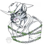 anthro bdsm bondage bound clothing cowboy hoodie lariat lasso male restraints rope rope_bondage solo topwear western thehuntingwolf simon_(jamestexasranger) domestic_cat felid feline felis mammal 2023 dated signature sketch traditional_media_(artwork)