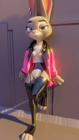 anthro blue_clothing bottomless breasts clothed clothing clothing_aside clothing_lift ear_piercing ear_ring facial_piercing female fur glistening glistening_clothing jacket latex leggings legwear looking_at_viewer mostly_nude multicolored_body nipple_piercing nipple_ring nipples nose_piercing nose_ring partially_clothed piercing pink_nipples pink_nose presenting ring_piercing septum_piercing simple_background small_breasts solo toeless_legwear topwear two_tone_body pochemu disney zootopia judy_hopps lagomorph leporid mammal rabbit 3d_(artwork) 9:16 digital_media_(artwork) hi_res shaded soft_shading
