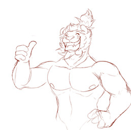 anthro barazoku beard eyes_closed facial_hair facial_scar fur gesture grin hand_gesture happy male muscular muscular_anthro muscular_male nipples nude pecs scar smile solo zordykeaboo home_zomewhere_else duncan_(hze) felid feline lion mammal pantherine hi_res sketch