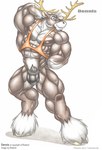 ankle_tuft anthro antlers big_muscles blue_eyes brown_body brown_fur bulge clothing detailed_bulge fur genital_outline grinning_at_viewer hair hand_behind_back hand_behind_head hooves horn huge_muscles leg_tuft male multicolored_body multicolored_fur muscular muscular_anthro muscular_male nipples penis_outline pink_nipples pose pubes shirt simple_background solo standing tank_top thong topwear tuft two_tone_body two_tone_fur underwear white_background white_body white_fur white_hair white_hooves braford deer mammal new_world_deer reindeer traditional_media_(artwork)