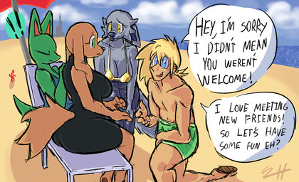 beach beach_chair big_breasts big_butt bikini blonde_hair blue_eyes breasts butt clothing dialogue exclamation_point female footwear fur gold_bikini green_clothing green_eyes green_swimming_trunks green_swimwear grey_body grey_fur group hair male parasol sandals shoes speech_bubble surprised swimming_trunks swimwear text two-piece_swimsuit yellow_eyes biscotti5000 helio_(biscotti5000) jane_(biscotti5000) nyx_(biscotti5000) sam_(biscotti5000) canid canine canis domestic_dog fox human mammal wolf english_text hi_res