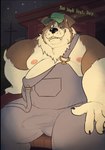 anthro baseball_cap ben_day_dots black_claws black_nose brown_body brown_fur bulge chair cheek_tuft chest_tuft claws clothing dialogue double_chin erection erection_under_clothing evil_grin facial_tuft fangs fur furniture grin hat headgear headwear hillbilly looking_at_viewer male moobs neck_tuft night nipples overalls overalls_down overalls_only overweight overweight_anthro overweight_male porch redneck sharp_teeth sitting smile solo star suggestive teeth text tuft utility_pole white_body white_fur dukeferret merdreck border_collie canid canine canis collie domestic_dog herding_dog mammal pastoral_dog sheepdog 2025 digital_media_(artwork) english_text hi_res signature