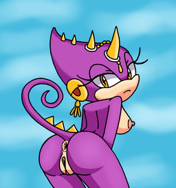 anus breasts butt eyelashes female genitals horn looking_at_viewer looking_back nipples orange_eyes purple_body side_boob solo tail vulva bannerniceman archie_comics sega sonic_the_hedgehog_(archie) sonic_the_hedgehog_(comics) sonic_the_hedgehog_(series) bride_of_constant_vigil chameleon lizard reptile scalie hi_res