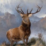 1851 19th_century absurd_res ancient_art antlers brown_body brown_eyes brown_fur cervine cloud day deer detailed_background edwin_henry_landseer feral fur grass hi_res horn huge_filesize male mammal mountain oil_painting_(artwork) outside painting_(artwork) photorealism plant realistic red_deer sky solo traditional_media_(artwork)