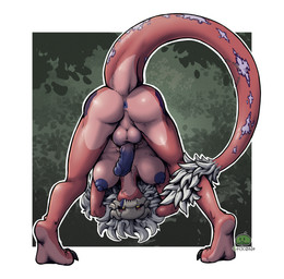 anthro anus ass_up backsack balls big_breasts bite_mark black_sclera bone breasts butt feet genitals glans grey_hair gynomorph hair hands_behind_head head_between_legs humanoid_genitalia humanoid_penis intersex lightened_soles looking_at_viewer markings nipples nude nude_anthro nude_gynomorph nude_intersex penis presenting presenting_anus presenting_hindquarters purple_nipples raised_tail red_body scar seductive skull skull_head soles solo spiky_hair tail tail_tuft tongue tongue_out tuft upside_down yellow_eyes geckone marrow_(geckone) monster unknown_species hi_res