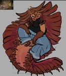 antennae_(anatomy) anthro barefoot bottomwear breasts brown_body clothed clothing exoskeleton feet female grey_background looking_at_viewer mandibles multilimb pants shirt short_sleeves simple_background sitting_on_tail solo topwear ellizary arthropleura arthropod centipede myriapod