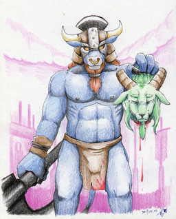 anthro axe decapitation duo gore holding_severed_head kemono male severed_body_part severed_head baroque_(artist) 2017 hi_res traditional_media_(artwork)