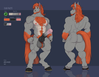 abs animal_genitalia animal_penis anthro ball_tuft balls barbell_piercing beard belly_hair black_penis body_hair chest_hair equine_genitalia equine_penis erection facial_hair front_view fur genitals glistening glistening_eyes green_eyes grey_balls grey_body grey_fur grey_penis hair hybrid_genitalia hybrid_penis knot knotted_equine_penis knotted_penis male male_anthro mouth_closed multicolored_penis muscular muscular_anthro muscular_male narrowed_eyes navel nipple_barbell nipple_piercing nipples orange_beard orange_facial_hair orange_hair pecs penis piercing pink_penis pubes rear_view simple_background solo standing text tuft apple-faced jackson_hoss equid equine horse mammal 2022 artist_name dated english_text hi_res model_sheet