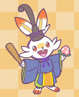 3_toes ambiguous_anthro ambiguous_gender anthro asian_clothing biped buckteeth cheek_tuft clothed clothed_ambiguous clothed_anthro clothing dipstick_ears dual_holding ear_markings east_asian_clothing facial_tuft feet food front_view fruit geometric_background headgear headwear holding_object japanese_clothing kanmuri_(headwear) kimono multicolored_ears open_mouth open_smile peach_(fruit) plant plantigrade red_eyes red_toes simple_background smile solo standing teeth toeless_(marking) toes tongue tuft white_body rrww_gw58vd nintendo pokemon generation_8_pokemon pokemon_(species) scorbunny 2025 hi_res