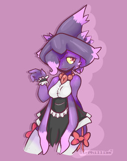 clothed clothing female hair hair_over_eye happy maid_uniform one_eye_obstructed pokemorph ribbons smile solo standing uniform sirphilliam nintendo pokemon generation_4_pokemon ghost humanoid mismagius pokemon_(species) spirit 2014