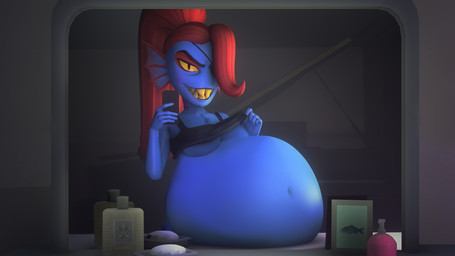 anthro belly big_belly blue_body blue_skin cellphone clothed clothing clothing_lift electronics female hair huge_belly looking_at_viewer mirror obese obese_female overweight overweight_female phone ponytail red_hair selfie sharp_teeth shirt shirt_lift smartphone solo teeth topwear yellow_sclera pestilad undertale_(series) undyne aquatic fish 16:9 3d_(artwork) digital_media_(artwork) hi_res widescreen