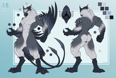 abs anthro back_muscles big_muscles big_pecs black_body black_claws black_feathers blue_eyes butt claws feathers featureless_crotch grey_body grey_feathers male markings mouth_shot multicolored_body multicolored_feathers multicolored_tail muscular muscular_anthro muscular_arms muscular_male muscular_thighs open_mouth pecs solo tail white_body white_feathers winged_arms wings corrsk j.b._(zombiedwolf) avian bird absurd_res hi_res model_sheet