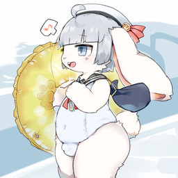 ahoge anthro bangs biped blue_eyes blunt_bangs blush blush_lines buckteeth bulge cheek_tuft clothed clothed_anthro clothed_male clothing curvy_figure detailed_bulge facial_tuft floppy_ears fully_clothed fully_clothed_anthro fully_clothed_male fur fur_tuft genital_outline grey_hair hair hat headgear headwear inflatable inner_tube lop_ears male male_anthro monotone_body monotone_fur monotone_hair narrowed_eyes navel_outline one-piece_swimsuit open_mouth penis_outline sailor_cap sailor_collar scut_tail short_hair short_tail side_view simple_background solo straight_hair swimwear tail teeth thick_thighs tuft white_background white_body white_clothing white_fur white_swimwear wide_hipped_anthro wide_hipped_male wide_hips ookm lagomorph leporid mammal rabbit 1:1 2024 digital_drawing_(artwork) digital_media_(artwork) shaded soft_shading