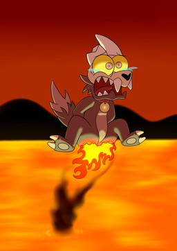 anthro black_body black_fur bodily_fluids bone burning butt butt_on_fire collar fire fluffy fluffy_tail fur hand_on_butt lava male open_mouth pain purple_eyes skull skull_head smoke solo tail tears yellow_sclera young young_anthro young_male hot_rolls disney the_owl_house king_clawthorne canid demon mammal titan_(the_owl_house) digital_media_(artwork) hi_res