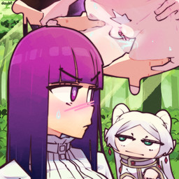 blush bodily_fluids chibi duo embarrassed female female/female forest genital_fluids genitals green_background green_eyes hair humanoid_pointy_ears leg_grab long_hair looking_at_another multiple_angles nature nature_background not_furry plant pointy_ears pubes purple_eyes purple_hair simple_background size_difference smaller_female stretching sweat thigh_grab thought_bubble tree vaginal_fluids vulva white_hair doubt_(thedo_ubt) frieren_beyond_journey's_end fern_(frieren) frieren elf human humanoid mammal hi_res