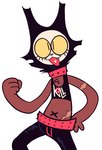 anthro big_eyes bottomwear brown_body brown_fur clothing collar crop_top cute_fangs eyelashes fingers fist front_view fur male midriff navel open_mouth open_smile pants pink_collar scar shirt simple_background smile solo topwear white_background x_navel yellow_sclera qwerty_soda cat_boy_(qwerty_soda) domestic_cat felid feline felis mammal 2023 digital_drawing_(artwork) digital_media_(artwork) hi_res