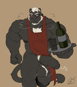 5_fingers anthro apron balls beard biceps big_muscles big_pecs black_body black_fur black_nipples blush bodily_fluids body_hair bouncing_penis breath chest_tuft claws clothing container cum cup eyewear facial_hair finger_claws fingers footwear fur genital_fluids genitals glass glass_container glass_cup hair hairy_balls huge_pecs leaking_cum male monocle muscular muscular_anthro muscular_male muscular_thighs nipples obliques panting pecs penis pubes quads red_apron red_clothing red_eyes running serving_tray solo tuft vein veiny_penis white_beard white_facial_hair white_hair wine_bottle bladetiger umezu_(omyurice) felid mammal pantherine 2023 absurd_res hi_res signature