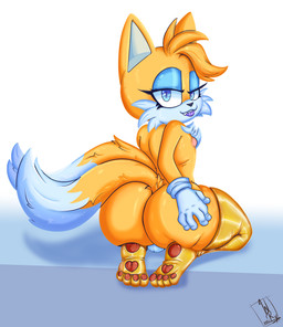 2_tails anthro areola backsack balls big_butt bite biting_lip butt clothing eyelashes eyeshadow femboy genitals gloves gold_(metal) gold_legwear handwear legwear lipstick makeup male multi_tail nipples rear_view seductive solo tail w-ry_(artist) sega sonic_the_hedgehog_(comics) sonic_the_hedgehog_(series) miles_prower canid canine fox mammal digital_drawing_(artwork) digital_media_(artwork) hi_res