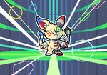 2_tails anthro collar fur green_eyes machine multi_tail solo split_body tail yellow_body yellow_fur mattherabbit bandai_namco digimon digimon_(species) domestic_cat felid feline felis mammal maquinamon robot