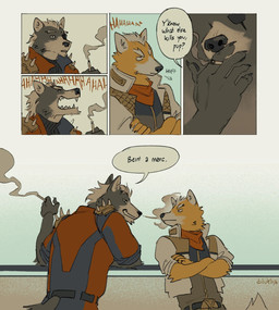 anthro back_muscles barazoku belt big_muscles black_eye_patch black_eyewear blowing_smoke blowing_smoke_on_another blowing_smoke_on_partner border cigarette cigarette_in_hand cigarette_in_mouth cigarette_smoke clothing crossed_arms dialogue duo eye_patch eyewear flirting flirting_look fur grey_body grey_fur holding_cigarette holding_object jacket laugh leaning leaning_backward leaning_forward leaning_on_railing male male/male manly mercenary muscular muscular_anthro muscular_arms muscular_male object_in_mouth orange_body orange_fur outside shirt shoulder_pads smoke smoke_from_mouth smoking smoking_cigarette speech_bubble spiked_shoulder_pads spikes tail taunting taunting_partner teasing teasing_partner text thick_arms topwear tough_guy white_body white_border white_fur dilukha nintendo star_fox fox_mccloud wolf_o'donnell canid canine canis fox mammal wolf comic english_text hi_res