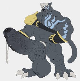 abs anthro armor balls big_balls big_penis black_body black_fur bodily_fluids erection foreskin fur genital_fluids genitals hair huge_balls huge_penis hyper hyper_balls hyper_genitalia hyper_penis male mostly_nude muscular muscular_anthro muscular_male pauldron pecs penis precum red_eyes solo tattoo vein veiny_penis white_hair louftr bandai_namco digimon digimon_beatbreak digimon_(species) murasamemon hi_res