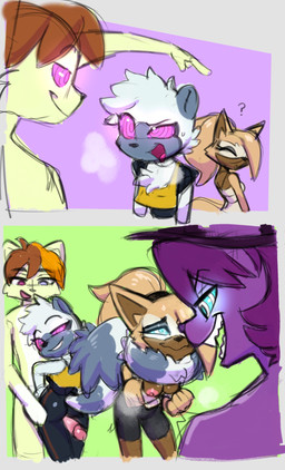 anthro black_bottomwear black_clothing black_pants bottomwear breasts brown_body brown_fur brown_hair clothing eye_contact female female_anthro fur genitals glowing glowing_eyes grey_body grey_fur group hair heterochromia humanoid_genitalia humanoid_penis hypnosis hypnotic_eyes looking_at_another male male/female mind_control multicolored_hair nipples orange_hair pants penis pink_eyes pink_nipples prehensile_tail purple_body purple_eyes purple_fur purple_hair ringed_eyes sex tail tan_hair thigh_sex topwear two_tone_hair white_body white_fur white_hair yellow_clothing yellow_legs yellow_topwear glowhorn idw_publishing sega sonic_the_hedgehog_(comics) sonic_the_hedgehog_(idw) sonic_the_hedgehog_(series) maffin_(kuro-freak) spice_spells tangle_the_lemur whisper_the_wolf canid canine canis domestic_cat felid feline felis lemur mammal primate ring-tailed_lemur strepsirrhine wolf hi_res
