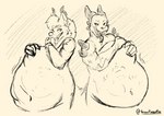 abdominal_bulge anthro belly big_belly bodily_fluids claws duo fangs goo_drip hand_print horn male male/male male_pred multiple_pred multiple_prey muscular muscular_anthro muscular_male navel open_mouth purple_body red_eyes simple_background slime spikes spikes_(anatomy) teeth tongue tongue_out vore yellow_and_black yellowpudgefox mythology devourer_(razor_koopa) myth_(mythdawuff) canid canine canis demon dragon goo_creature goo_dragon hybrid mammal mythological_creature mythological_scalie scalie wolf digital_media_(artwork) hi_res monochrome sketch