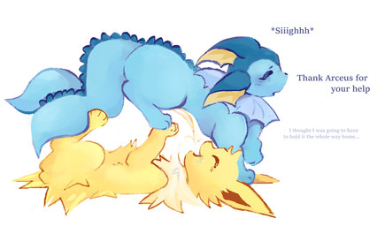 blue_body blue_fur blush blush_lines bodily_fluids drinking drinking_urine duo enjoying_urine eyes_closed female feral feral_on_feral fish_tail fur genital_fluids golden_shower male male/female omorashi peeing peeing_in_mouth peeing_on_another relieved scales simple_background smile text urine urine_in_mouth watersports white_background yellow_body yellow_fur conditional_dnp waterthissport nintendo pokemon eeveelution generation_1_pokemon jolteon pokemon_(species) vaporeon english_text hi_res