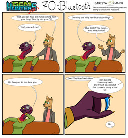 anthro clothing cochlear_implant_processor deaf dialogue female furniture jacket male shirt simple_background sitting sofa teeth text topwear baristagamerproductions bluetooth ada_(gem_hunters) alfonso_(gem_hunters) canid canine canis dingo mammal reptile scalie snake absurd_res comic english_text hi_res