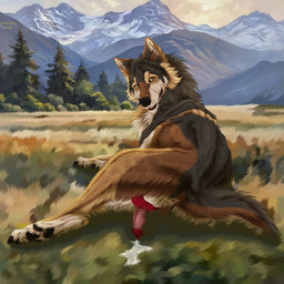 animal_genitalia animal_penis anus balls black_nose black_pawpads bodily_fluids brown_body brown_fur brown_tail canine_genitalia canine_penis cum cum_on_ground erection feral fur genital_fluids genitals grass grey_body grey_fur grey_tail knot knotted_penis looking_at_viewer male male_feral multicolored_penis outside pawpads penis penis_backwards pink_penis plant red_penis solo tail tan_body tan_fur tan_tail text tree two_tone_penis white_balls white_body white_fur yellow_eyes msdeadsoul taki_(taki-wolf) canid canine canis mammal wolf 1:1 2025 artist_name dated hi_res