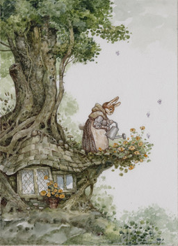 anthro apron brown_body building clothing dress female flower holding_object holding_watering_can house plant plant_pot side_view smile solo tail tree watering watering_can watering_flower window larry_macdougall ambient_arthropod ambient_butterfly ambient_insect lagomorph leporid mammal rabbit hi_res painting_(artwork) watercolor_(artwork)