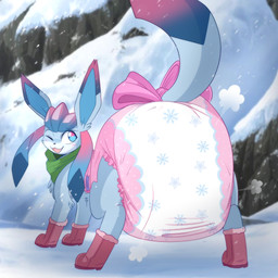 ambiguous_gender big_diaper blue_body blue_fur blue_tail blush blush_lines boots bow_accessory clean_diaper clothed clothing cloud_emanata detailed_background diaper diaper_puff emanata feral footwear fur green_kerchief green_neckerchief kerchief looking_back mountain neckerchief neckwear one_eye_closed open_mouth open_smile pattern_diaper pink_boots pink_bow pink_clothing pink_footwear rear_view shoes smile snow snow_boots solo tail wearing_diaper white_body white_fur jupiters nintendo pokemon rose_the_aurora_glaceon eeveelution generation_4_pokemon glaceon pokemon_(species) 1:1 hi_res
