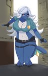 anthro big_breasts breasts clothing female hair knee_deep police police_uniform quicksand solo uniform white_hair shirasiyuki nintendo pokemon asami_the_samurott_cop generation_5_pokemon pokemon_(species) samurott absurd_res hi_res