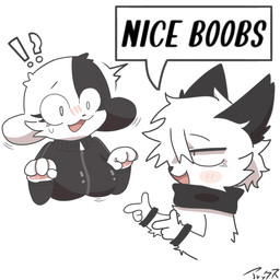 anthro black_white_body black_white_fur blush bodily_fluids breasts clothing dirty_talk duo embarrassed female fur hair male male/female speech_bubble sportswear sweat sweatdrop white_body white_fur arekkusu75 ddil_fem_(character) reggie_(lazycatto) canid canine canis domestic_cat domestic_dog felid feline felis mammal 1:1 hi_res