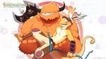 axe blush bow_(weapon) chest_tuft clothed clothing duo eyewear fur goggles horn male melee_weapon orange_body orange_fur ranged_weapon topless tuft weapon yellow_body yellow_skin mono_g 12tails bison bovid bovine chameleon lizard mammal reptile scalie 16:9 hi_res widescreen